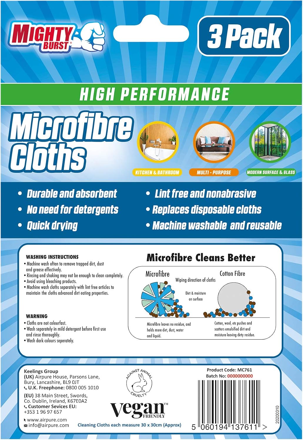 Mighty Burst Microfibre Cleaning Cloth, 3 Pack, High-Performance Cloths, Machine Washable, Multi-Purpose for Kitchen Bathroom - Image 3