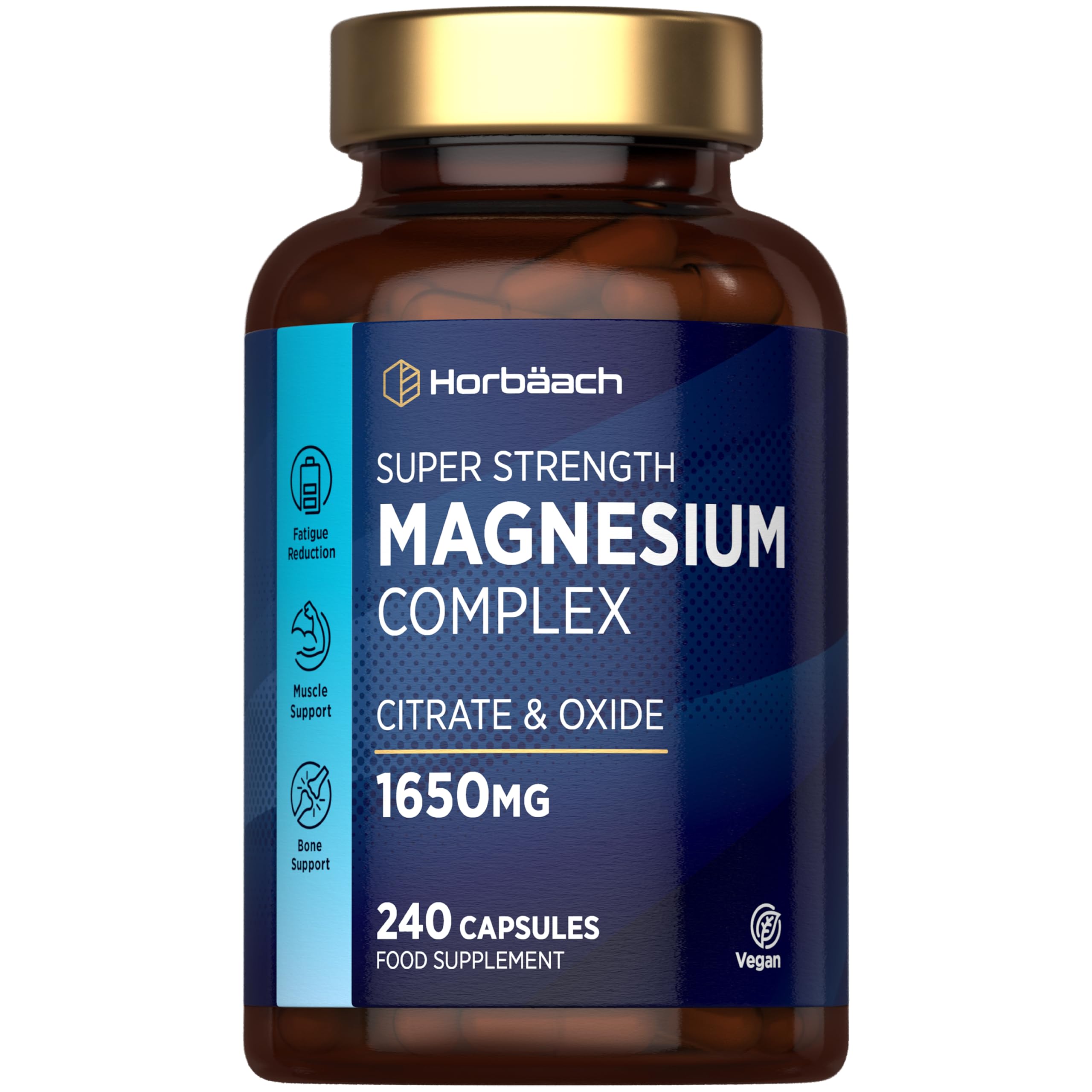 Magnesium Citrate Capsules | 1650mg High Strength Complex with Oxide | 500mg Elemental Magnesium | 4 Months Supply | 240 Vegan Capsules (Not Tablets) | High Absorption | by Horbaach