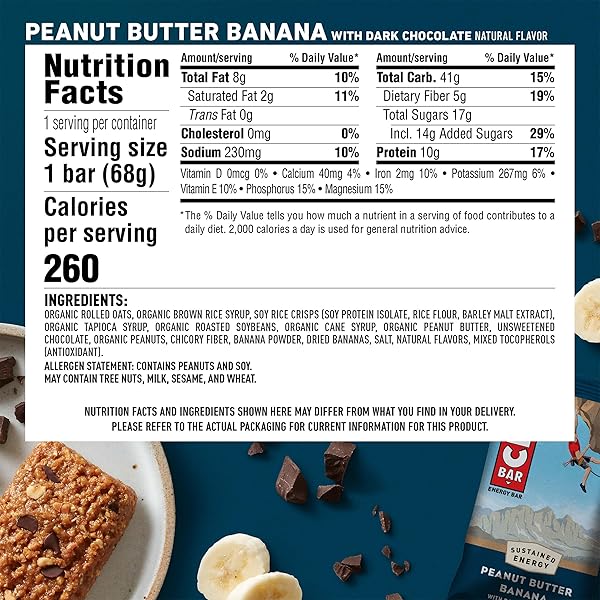CLIF BAR – PEANUT BUTTER BANANA WITH DARK CHOCOLATE FLAVOR – MADE WITH ORGANIC OATS – 10G PROTEIN – NON-GMO – PLANT BASED – ENERGY BAR – 2.4 OZ.