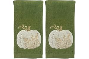 SERAFINA HOME Autumn Fall Bathroom Fingertip Towels- Set of 2 100% Cotton Forest Dark Green Embroidered Floral Pumpkin Design- 12" x 18" Festive Bath & Kitchen Decor