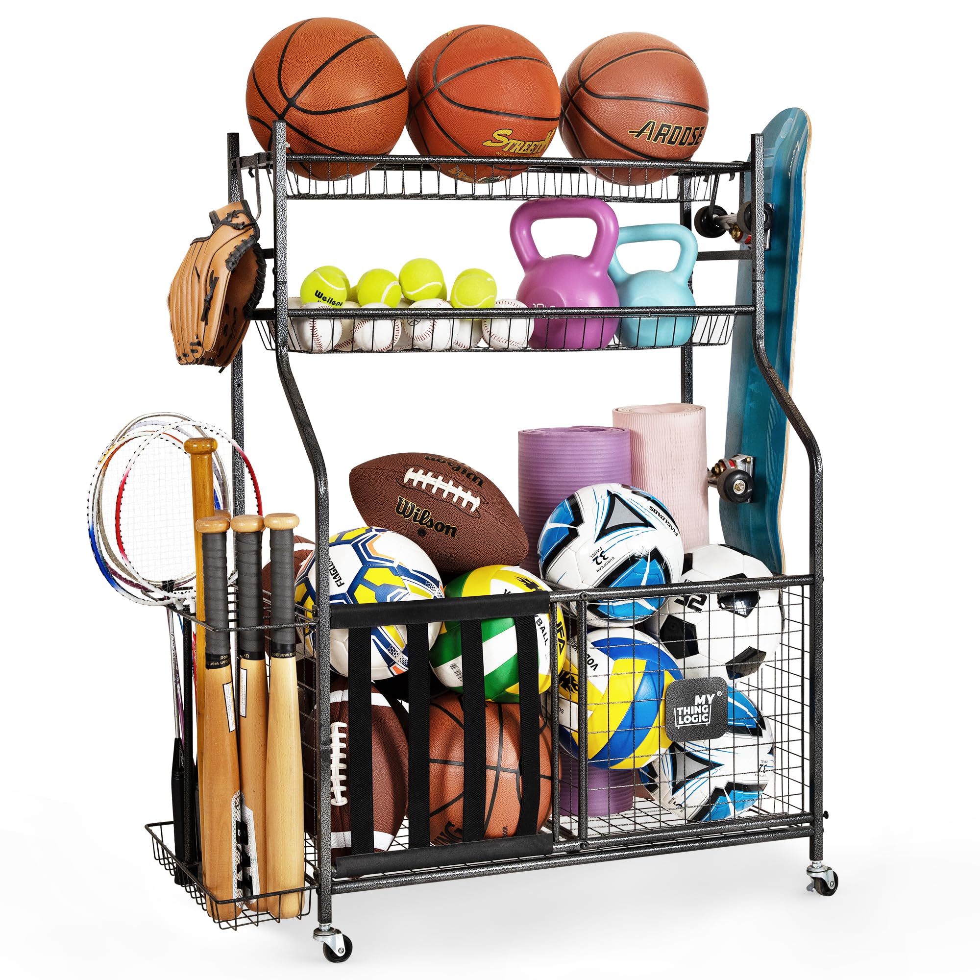 Mythinglogic Garage Sports Equipment Organizer, Baseball Storage Large Capacity, Sports Organizer for Garage with Hooks and Baskets, Ball Storage Rack for Football, Soccer Ball, Bat, Toys Image