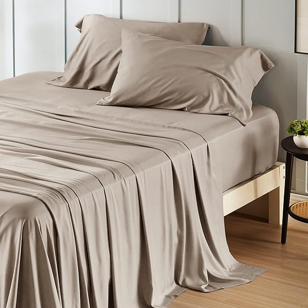 BEDSURE QUEEN SHEET SET, RAYON DERIVED FROM BAMBOO, COOLING SHEETS, BREATHABLE & SOFT, DEEP POCKET UP TO 16 INCHES, HOTEL LUXURY SILKY BEDDING FOR HOT SLEEPERS, SIMPLY TAUPE