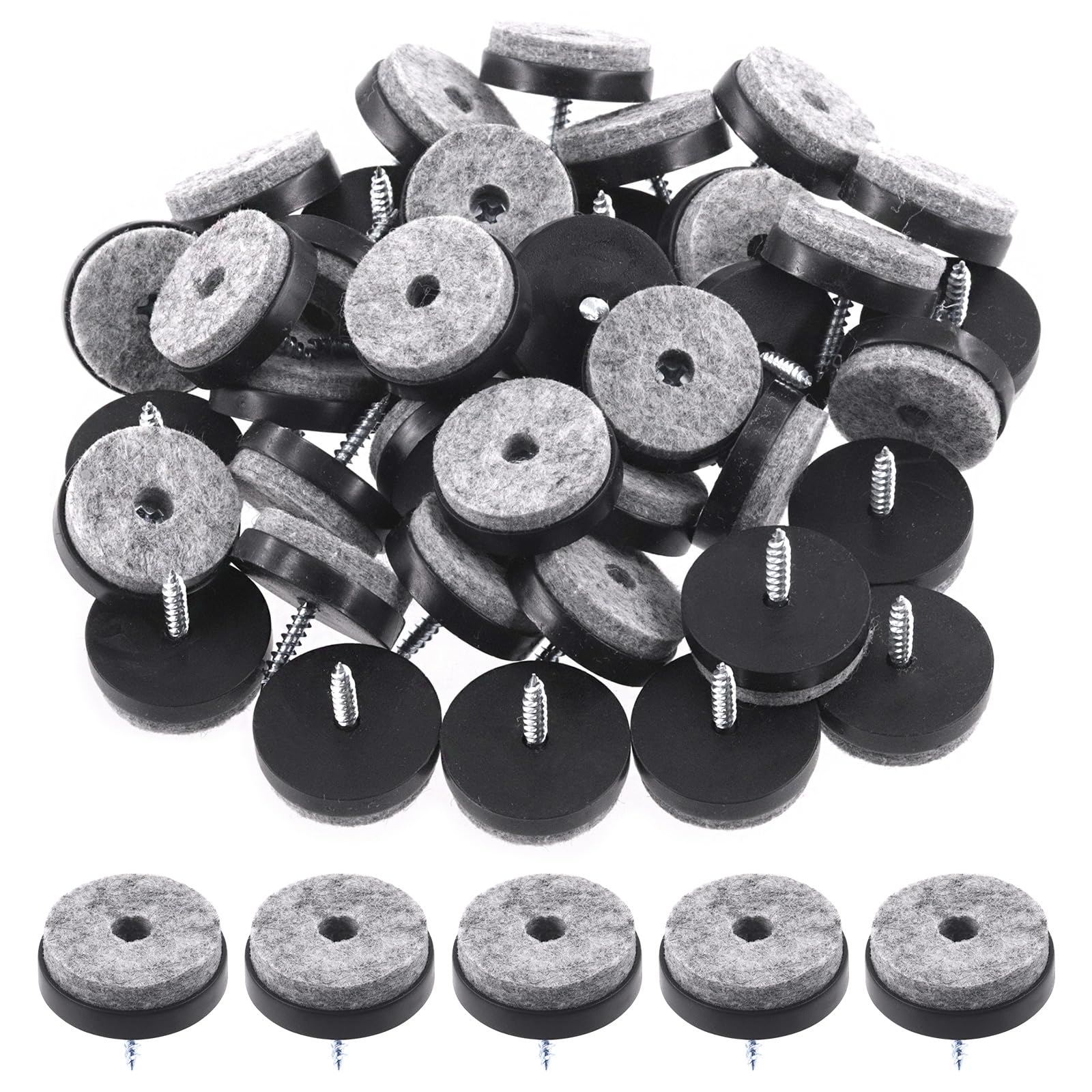 Keadic 40Pcs Screw-on Furniture Felt Pads Bulk Set, 1-1/8"(28mm) Dia Round Slider Glide Floor Protector for Wooden Furniture Chair Tables Leg Feet (Black)