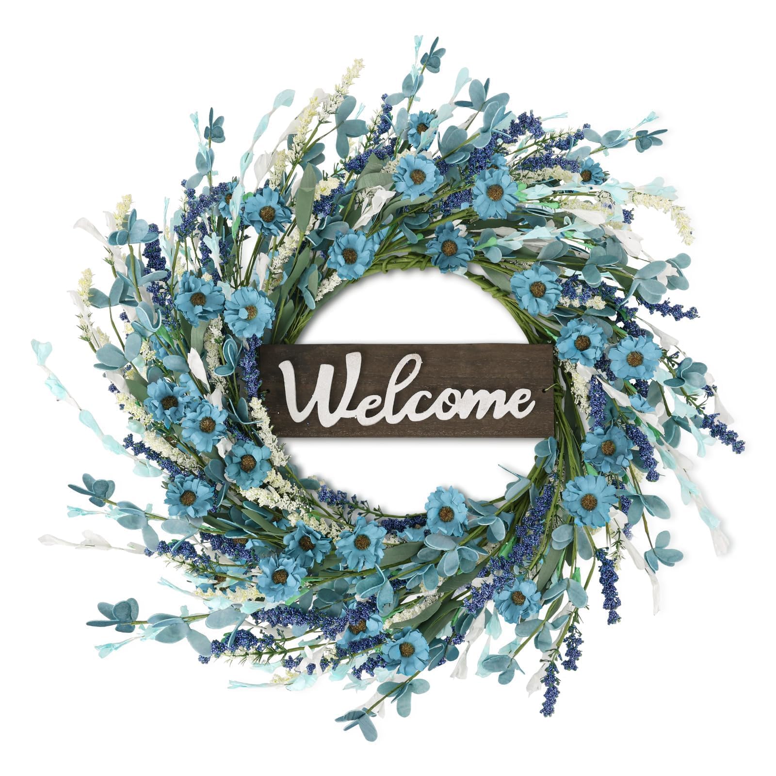 Photo 1 of 24inch Artificial Blue Forsythia Flower Wreath for Front Door Spring Summer Daisy Lavender Wreaths All Year Around Farmhouse Wild Wreath with Welcome Sign for Outdoor Wall Window Garden Porch Decor