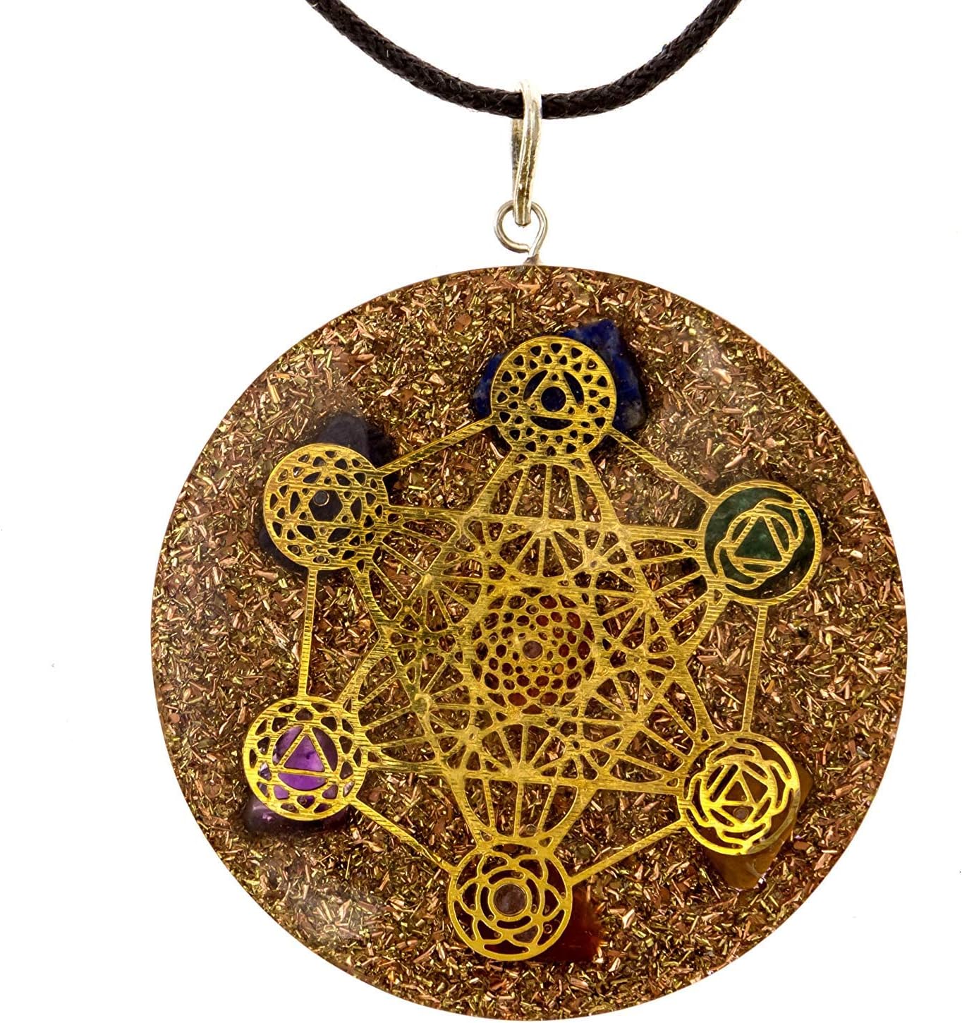 RALIEVA Metatron’s Cube Merkaba Orgone Pendant w Crystals Stones, Orgone Pendant Energy Generator, EMF Protection, 1.6 Inch in Diameter w Black Strap, Reiki Energized, Orgonite Pendant for Sale
