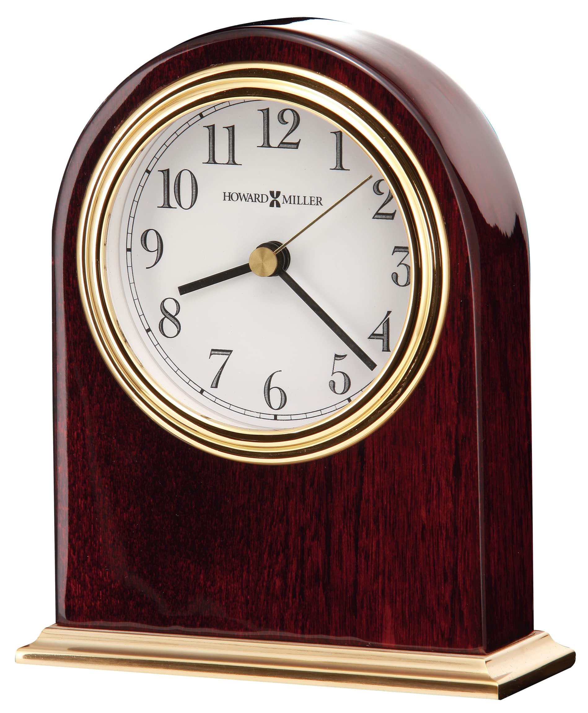 Howard Miller Monroe Table Clock 645-446 – Modern Home Decor, Arch Shaped Clock, High-Gloss Rosewood Hall Finish with Brass Finished Metal Base, Quartz Movement