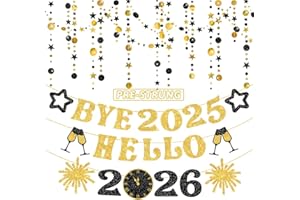 BLUEGOGO 4Pcs Pre-Strung Black and Gold Glitter Bye 2025 Hello 2026 Banner with Glitter Circle Garland-no DIY Happy New Years Banners Happy New Year Decorations 2026 for New Years Eve Party Supplies 2026