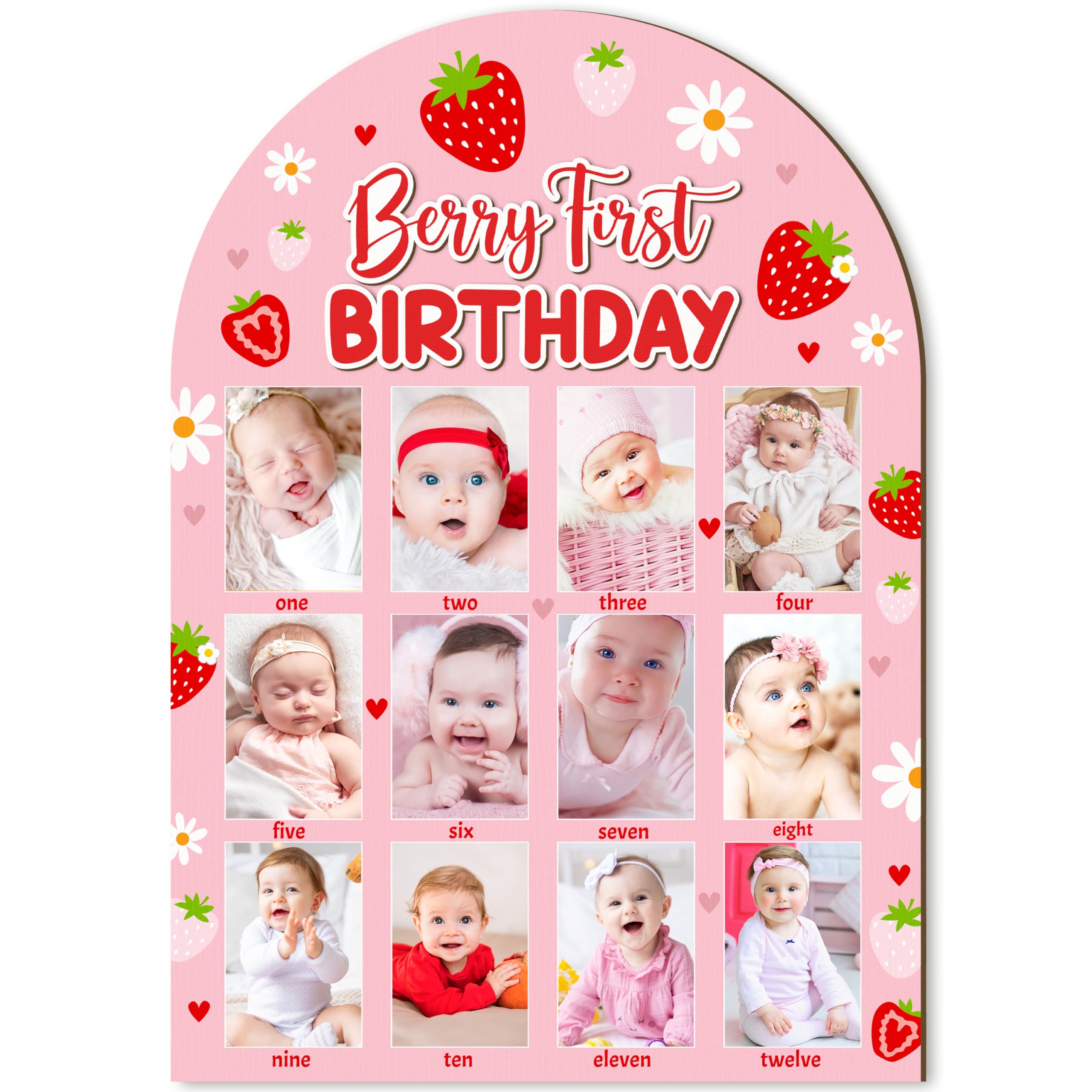 Photo 1 of R HORSE 3D Berry First Birthday Wood Photo Display Board, Pink Strawberry Baby's First Year Picture Frame, 1-12 Months Milestone Board Birthday Decorations Keepsake Gift for Baby Girls Nursery Decor