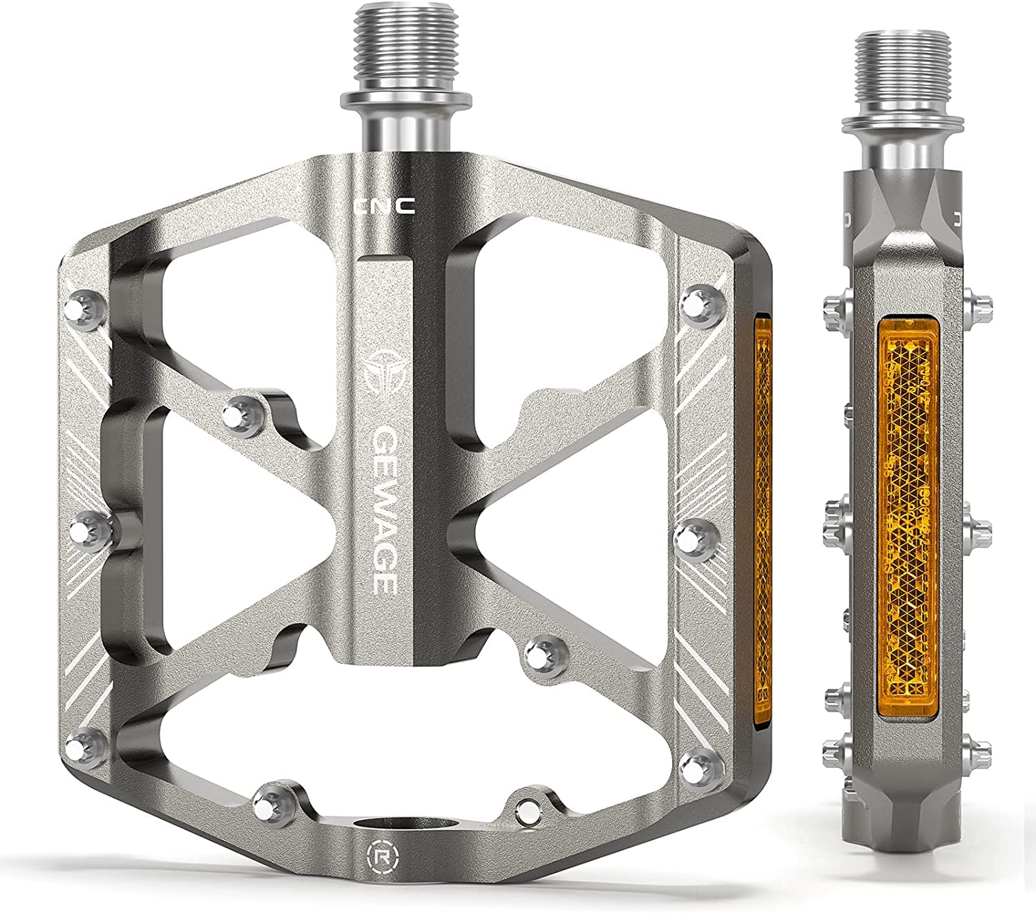 GEWAGE Bike Pedals With Reflective Strips, 3 Sealed Bearings Non-Slip CNC Aluminum Bicycle Platform 9/16" Pedals For Road Bike MTB E-Bike. (Silver)