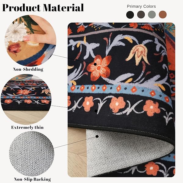 VOWKTEN BOHEMIAN GEOMETRIC FLORAL 8X10 AREA RUGS, MACHINE WASHABLE, LOW PILE SOFT CARPET, NON-SLIP FOR LIVING ROOM, BEDROOM, DINING ROOM, FARMHOUSE, KIDS PLAYROOM, OFFICE | BLACK