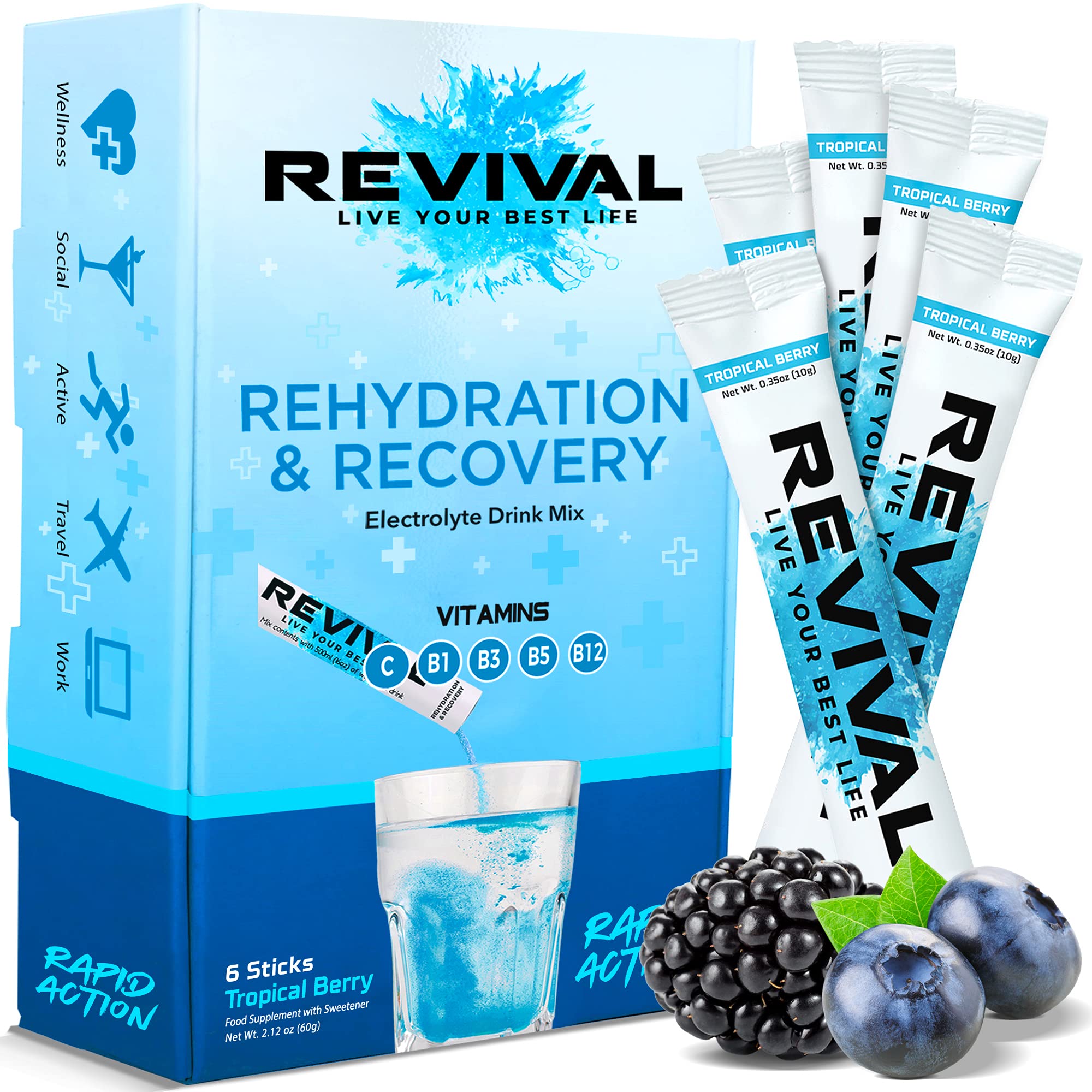 Revival Rapid Rehydration Sachets Electrolytes Powder High Strength Vitamin C, B1, B3, B5, B12 Supplement Sachet Energy Drink, Effervescent Electrolyte Hydration Tablets 6 Pack Tropical Berry Flavours