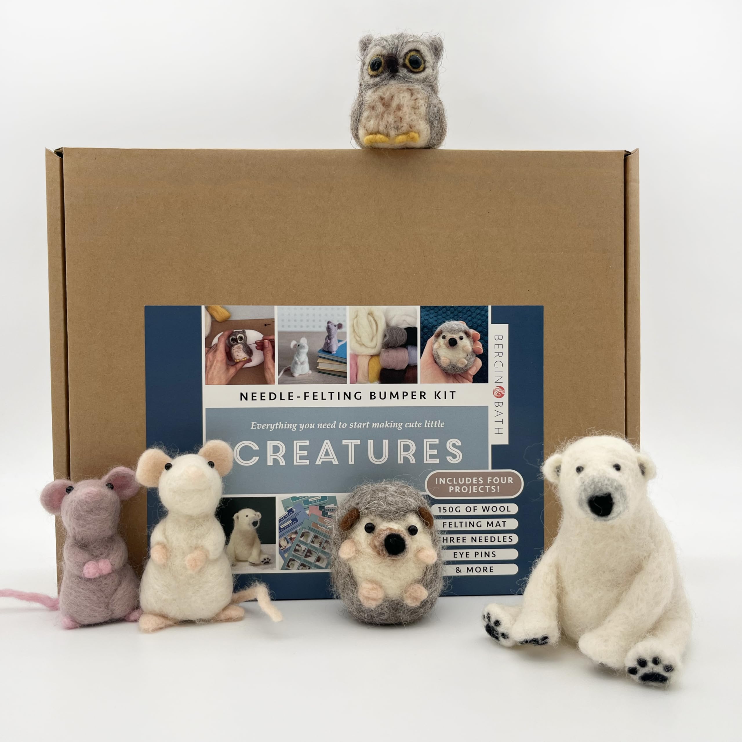 Bergin & Bath Needle Felting Bumper Kit - Creatures: Arts Craft Kit for Adults - Polar Bear, Mice, Hedgehog, Owl, A Premium Starter Set. Learn to Make Sweet Animals.