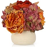 Peony Hydrangea Artificial Flowers in Vase, Small Fall Floral Arrangements with Vase Autumn Centerpieces for Table Rustic Farmhouse Fall Harvest Thanksgiving Wedding Kitchen Dinner Table Decorations