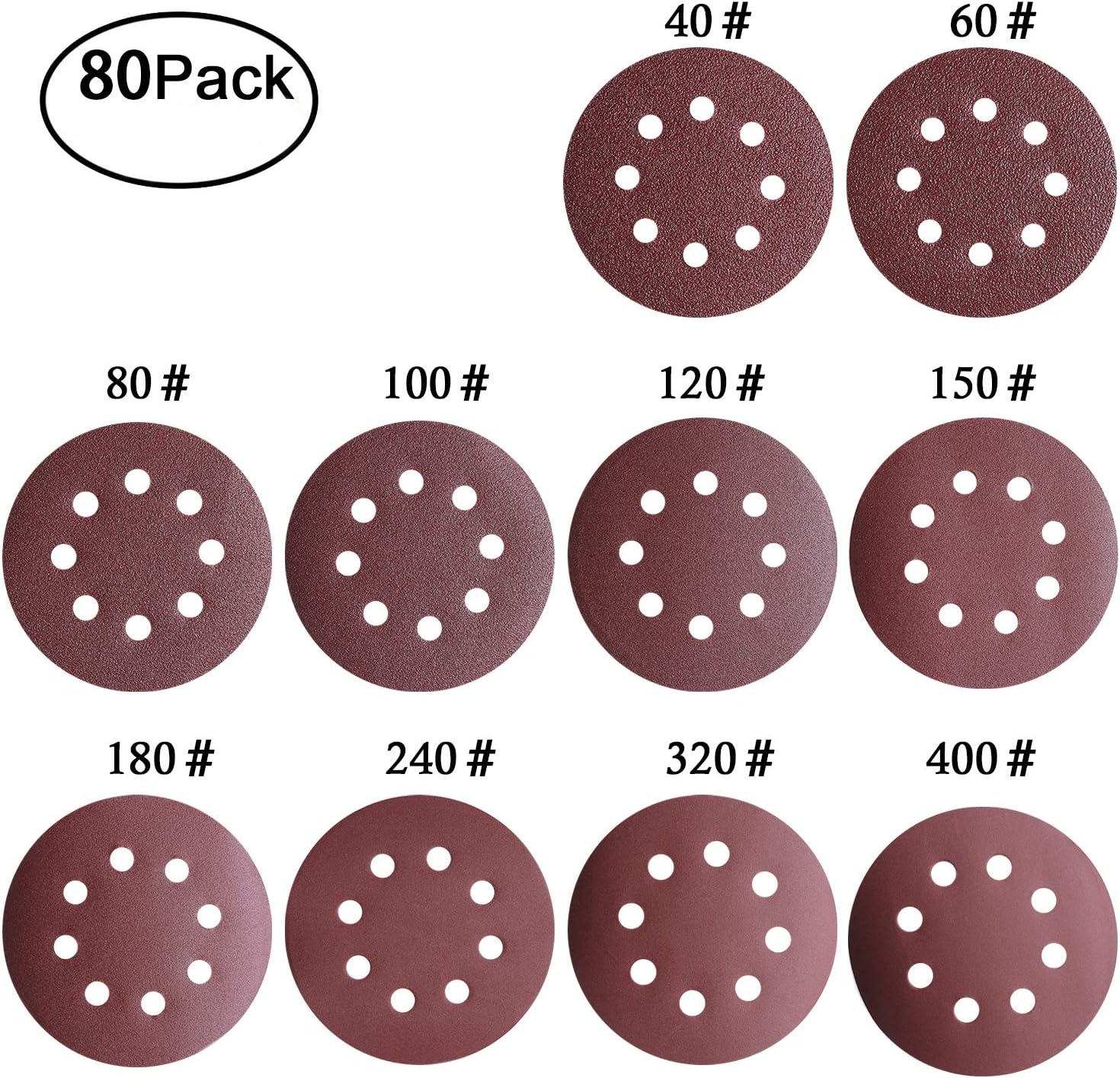 YaYuu 80 Pieces Sanding Discs Pads 125mm/5inch Sander Paper Hook and Loop 40 60 80 100 120 150 180 240 320 400 Grits 8 Holes Round Sandpaper Assorted,Self-Adhesive for Random Orbit Sander