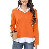 Kaleforneo Womens Sweaters Fall Fashion 2025 V Neck Long Sleeve Collared Shirts Office Business Lightweight 2 in 1 Tops