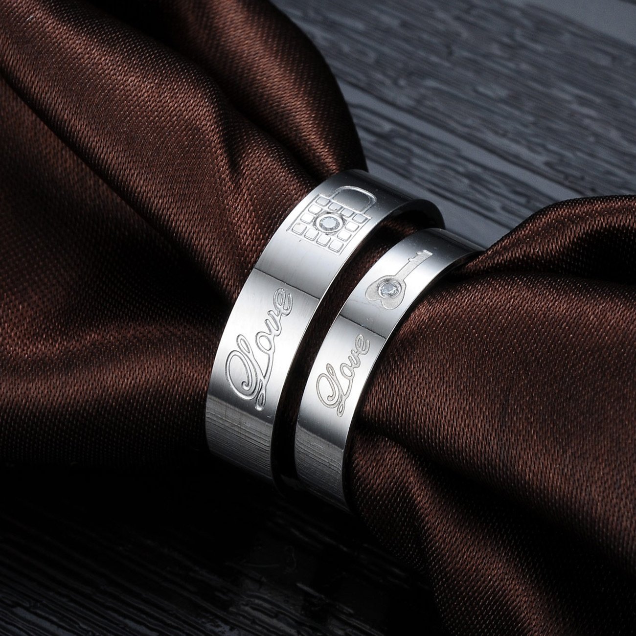 LAVUMO His Her Engagement Matching Couple Rings Stainless Steel Promise Wedding Anniversary Band Lock Key (His, 9)