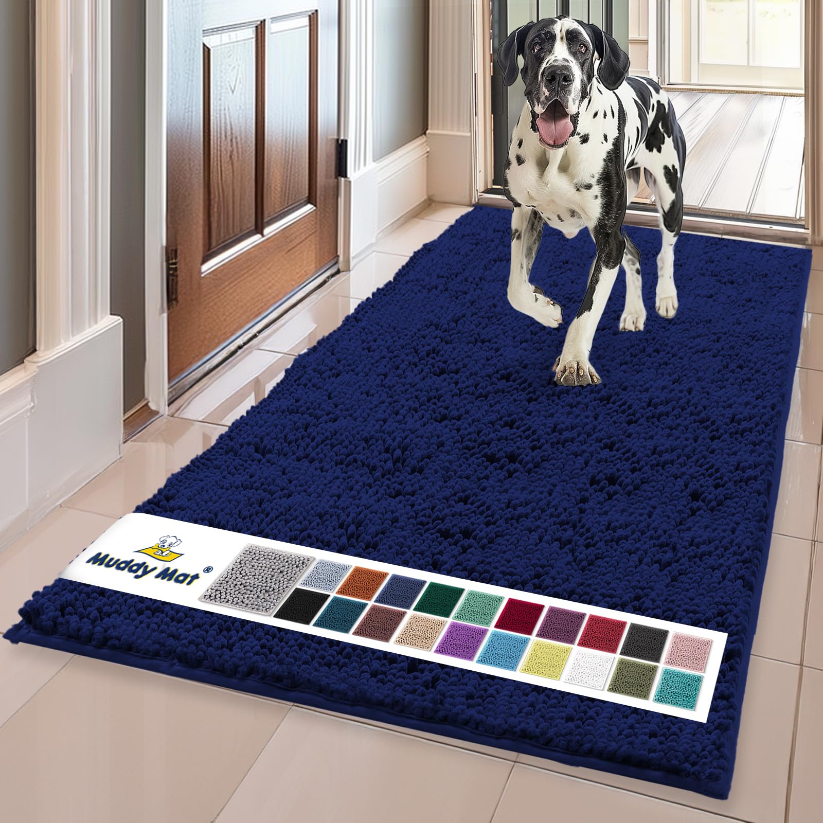 Muddy Mat® | Super Absorbent Door Mat Indoor, Microfiber Quick Dry Chenille Entryway Rug, Non-Slip Front Door Mat, Indoor Mats for Entryway, Machine Washable Pet Rug, Navy Blue 24"x96" Image