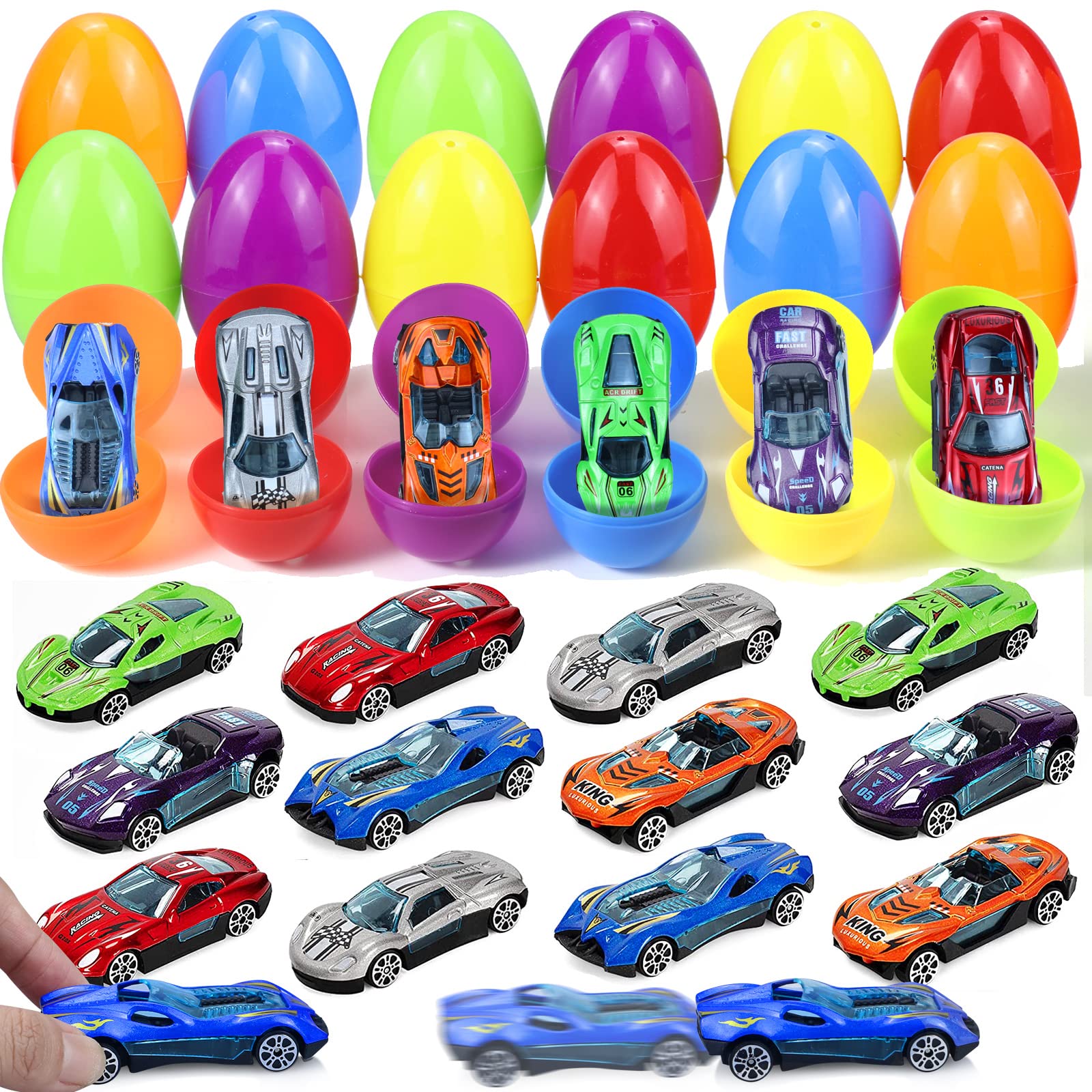 Letapapa 12 Pack Easter Eggs with Die-cast Cars for Kids Boys Easter Basket Stuffers, Prefilled Easter Eggs with Toys Inside for Easter Egg Hunt, Party Favor Supplies Classroom Prizes