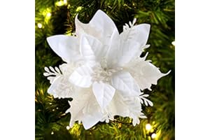 FurRain Christmas Poinsettia Artificial Flowers Decorations 5.5" Christmas Tree Wreaths Garland Decoration 12 Pcs Glitter Flowers Picks Decor for Xmas New Year Wedding Party Ornaments (White)