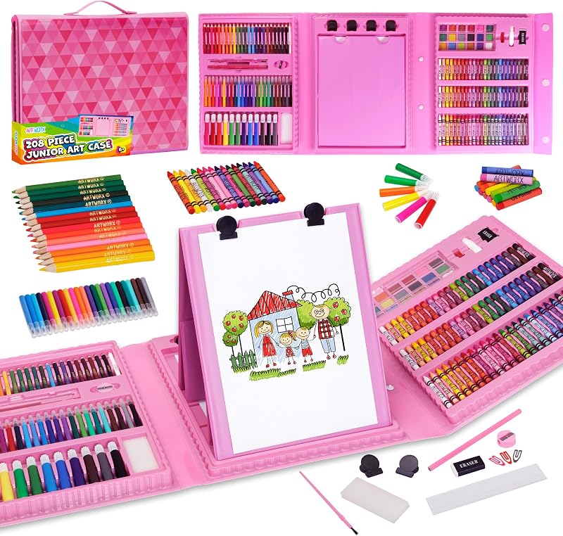 Artworx 208pc Kids Art Set Case Easel Pens Pencils Pastels Paints Drawing Gift