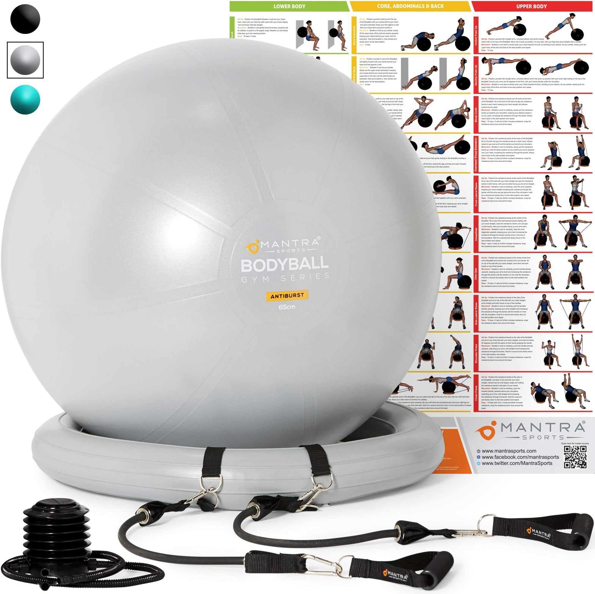 Exercise Ball Gym Ball with Resistance Bands & Stability Base Accessories, Yoga Ball Pregnancy Ball for Maternity, Birthing Ball for Fitness & Balance, 55cm 65cm 75cm Swiss Balls with Pump & A1 Poster