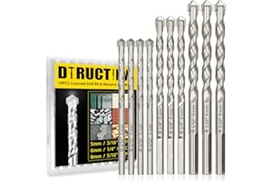 DTRUCTIEW 10PCS Masonry Drill Bits Set, 3/16"-5/16"Concrete Drill Bit Set with Industrial Strength Carbide Tips, Concrete Drill Bit Set for Tile Glass Marble Brick Wood Stainless Steel Thin Iron Metal
