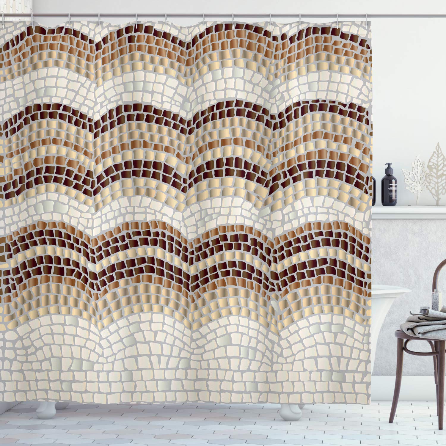 ABAKUHAUS Beige Shower Curtain, Gradient Colored Mosaic Waves Setting Antique Roman Royal Dated Retro Patterns, Cloth Fabric Bathroom Decor Set with Hooks, 94 Inches, Beige Tan Brown