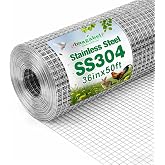 Amagabeli 36inch x 50ft SS304 Stainless Steel Welded Wire Mesh 1/2 inch Square Hardware Cloth 18 Gauge - Ideal for High-Grade DIY Cages Rodent Mesh Cabinets Wire Mesh Window Screen Mesh