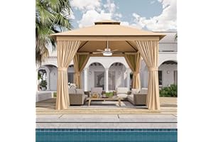 BREEZESTIVAL Outdoor Gazebo Metal Frame Patio Pergola Double Roofs Pop Up Canopy with Double-Layer Door and Mosquito Netting for Deck, Backyard, Lawn (Beige, 10x10FT)