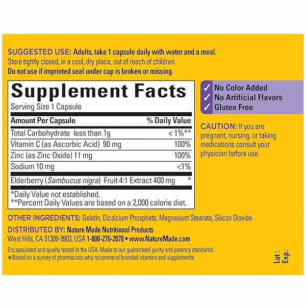 NATURE MADE ELDERBERRY, VITAMIN C AND ZINC CAPSULES, 400 MG ELDERBERRY EXTRACT, DIETARY SUPPLEMENT FOR IMMUNE SUPPORT, 60 CAPSULES, 60 DAY SUPPLY