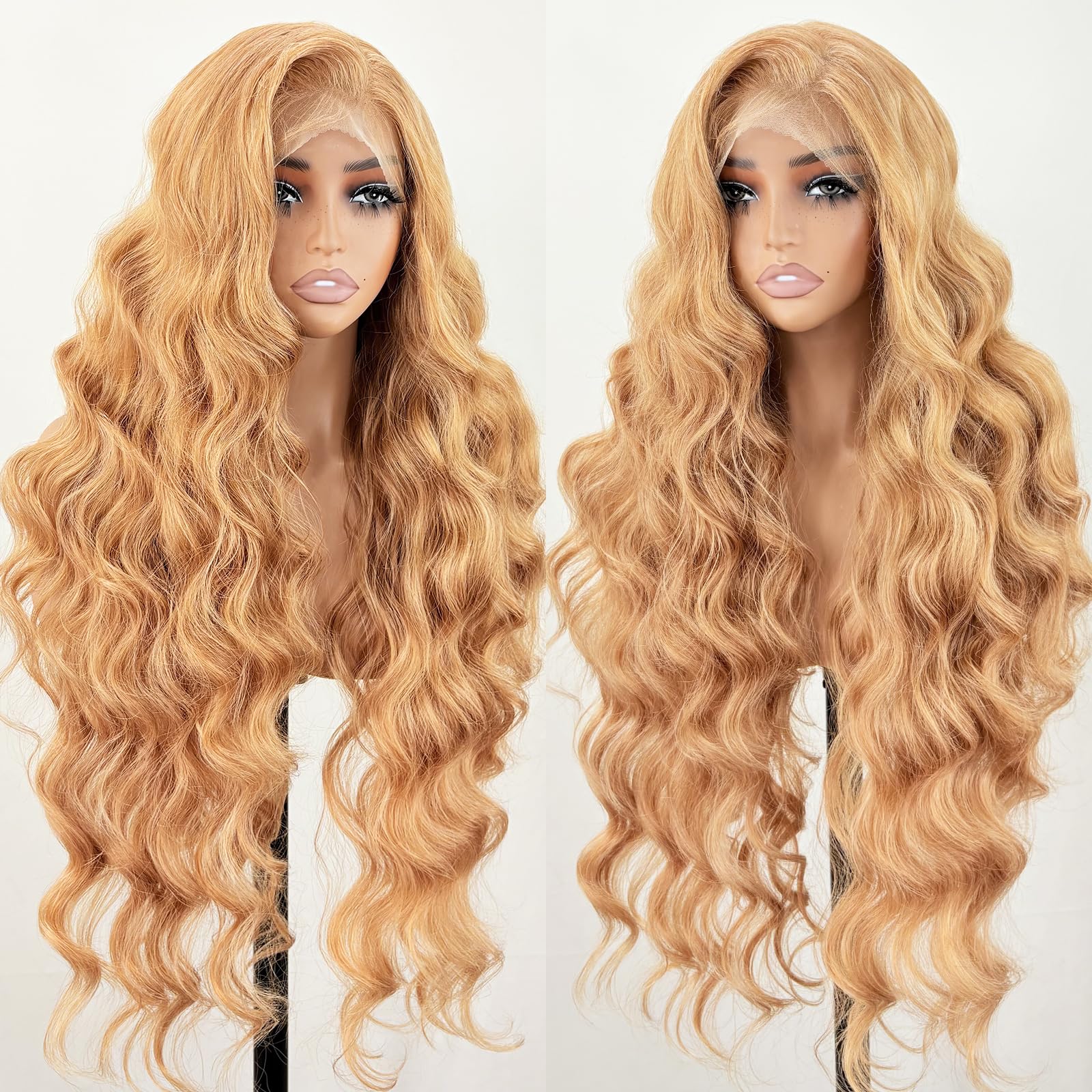 X-Tress Honey Blonde Lace Front Wigs for Women Strawberry Blonde 13x6 Lace Frontal Wig 32 Inch Body Wave Pre Plucked with Baby Hair Transparent Swiss Heat Friendly Synthetic