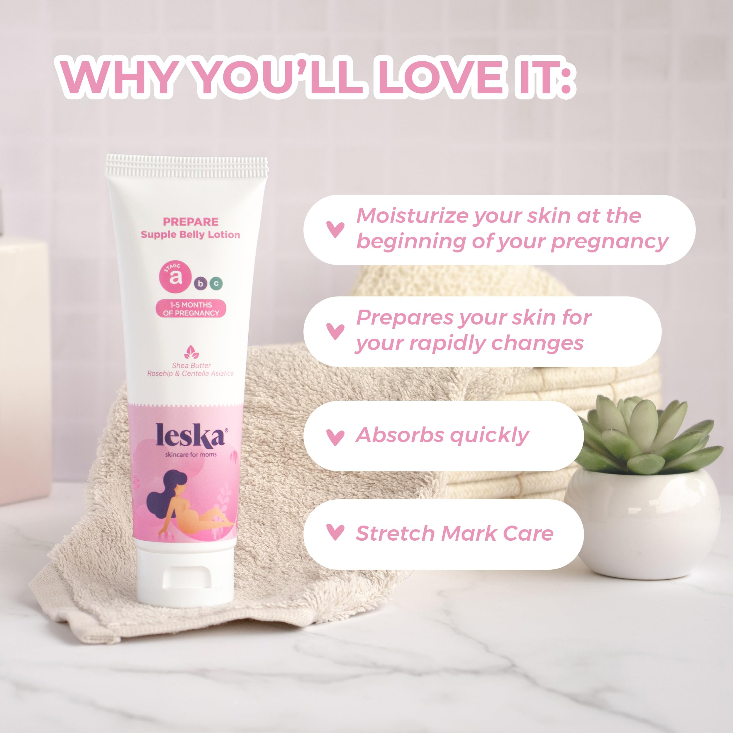 LESKA Maternity Hydrating Lotion | STAGE A: PREPARE Supple Belly Lotion (Pregnancy Months 1-5) | Part of a Complete 3 Stage Pregnancy Skin Care System | New Mom Gifts (4oz)