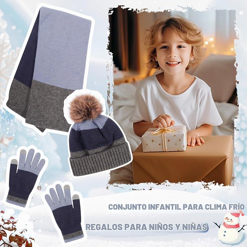 Conjunto de chapéu e cachecol de inverno para crianças, chapéu quente de malha de inverno, aquecedor de pescoço, luvas mágicas às riscas para crianças dos 5 aos 12 anos — foto 2 de 7