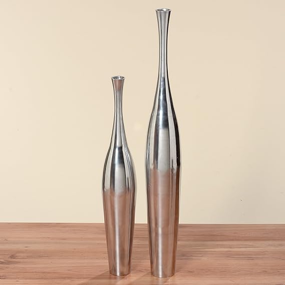 Set Of 2 Vase Thyra 76 + 100cm Polished Aluminium Silver Floor vase
