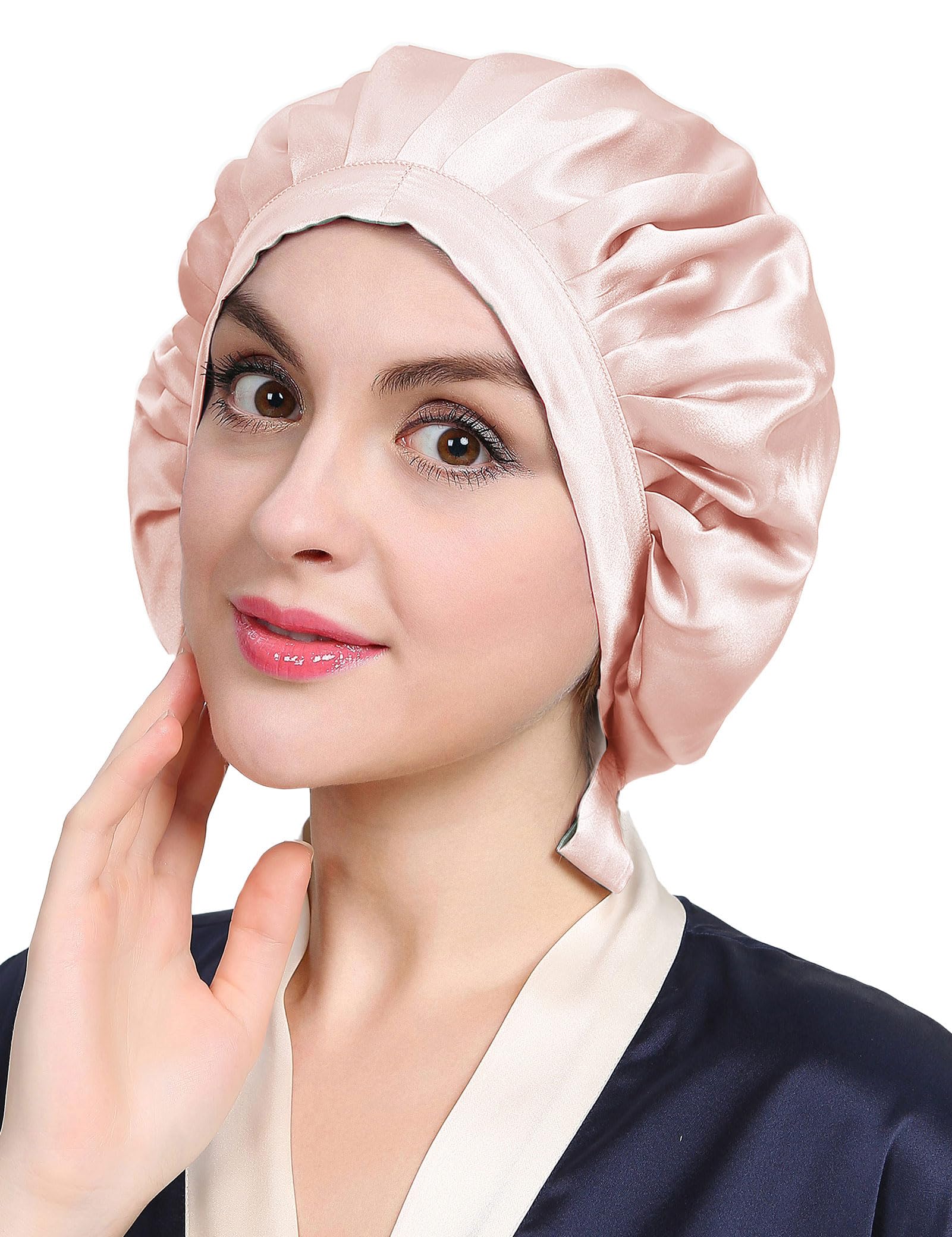Photo 1 of LilySilk 100% Mulberry Silk Bonnet Flat Front Silk Night Sleep Cap Adjustable Hair Wrap for Sleeping, Light Beige