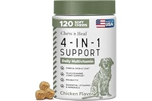 CHEW + HEAL LABS All in 1 Dog Vitamins and Supplements, 120 Soft Chew Multivitamins with Glucosamine, Probiotics, Omega Fish Oil -for Skin, Coat, Hip, Joint & Gut Health -Senior, Puppy, Large & Small Dogs