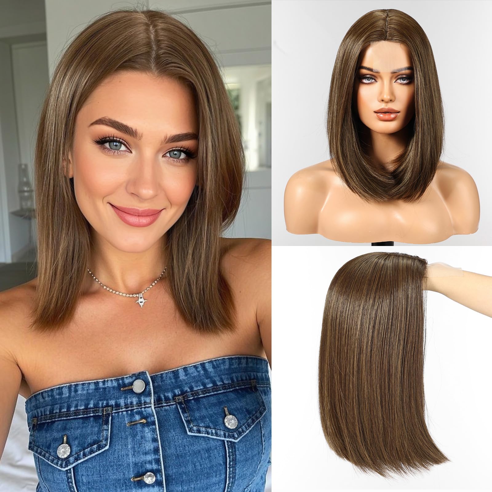 WOKESTAR Bob Wigs for Women Middle Part Bob Style Heat Resistant Fibre Synthetic Heat Resistant Wigs Ligt Brown Color — image 1