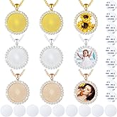Hicarer 9 Pieces Sublimation Blank Necklace Rhinestone Bezel Pendant Trays with Lobster Clasps Chains 0.98 Inch Double Side Tape Pendant Trays for Jewelry Making