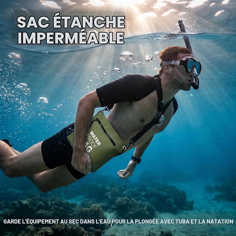 Sac Étanche Bandoulière avec Fermeture Zippée Hermétique, Sac Dry Bag Léger avec Sangle Réglable pour Plage, Natation, Voyage et Usage Quotidien (Vert armée)