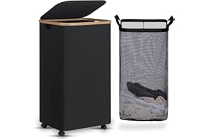 efluky Laundry Basket with Wheels, Tall Rolling Laundry Hamper with Lid and Removable Bag, Aesthetic Dirty Clothes Hamper on Wheels for Laundry Room, Bedroom, Dorm and Bathroom, 100L Black