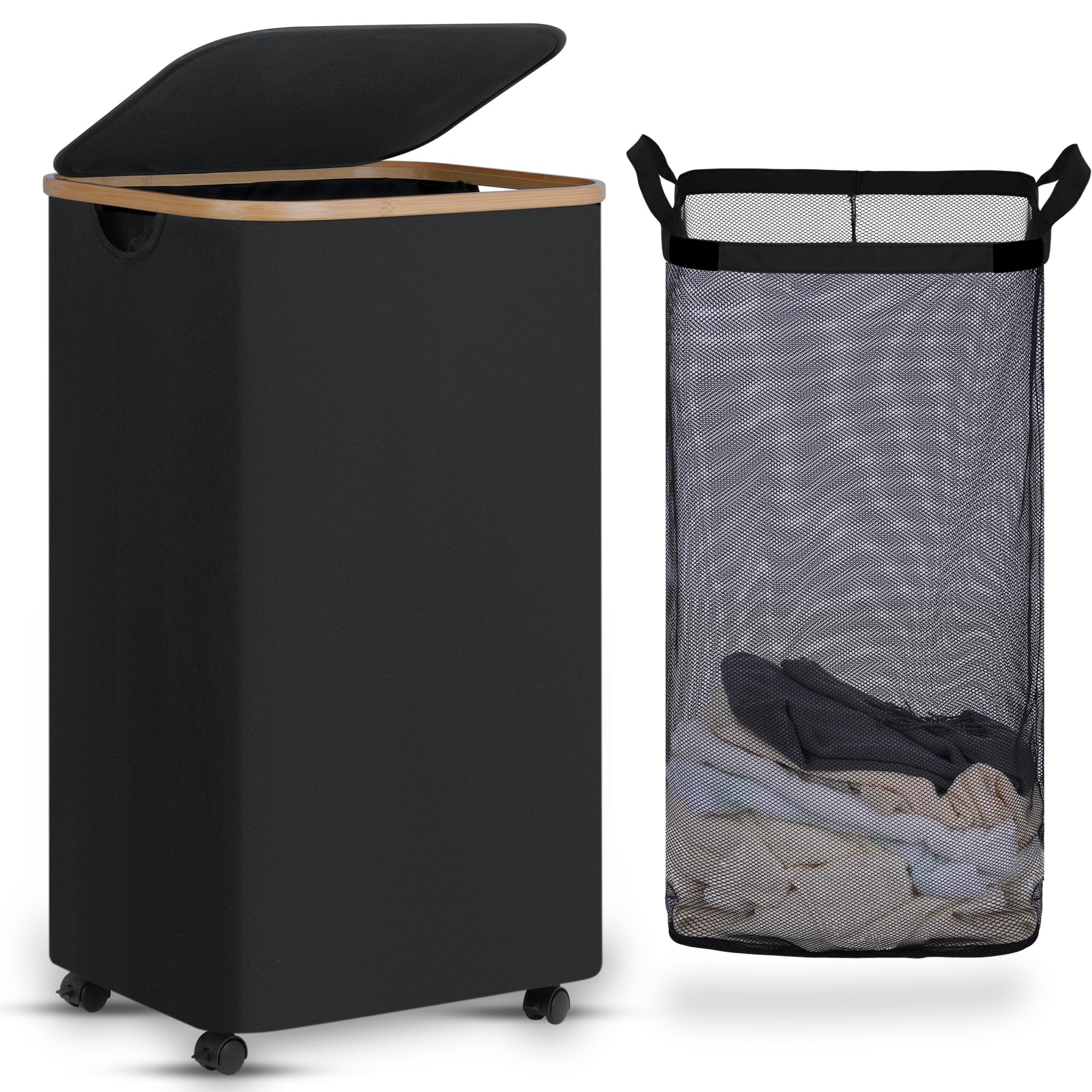 Photo 1 of efluky Laundry Basket with Wheels, Tall Rolling Laundry Hamper with Lid and Removable Bag, Aesthetic Dirty Clothes Hamper on Wheels for Laundry Room, Bedroom, Dorm and Bathroom, 100L Black