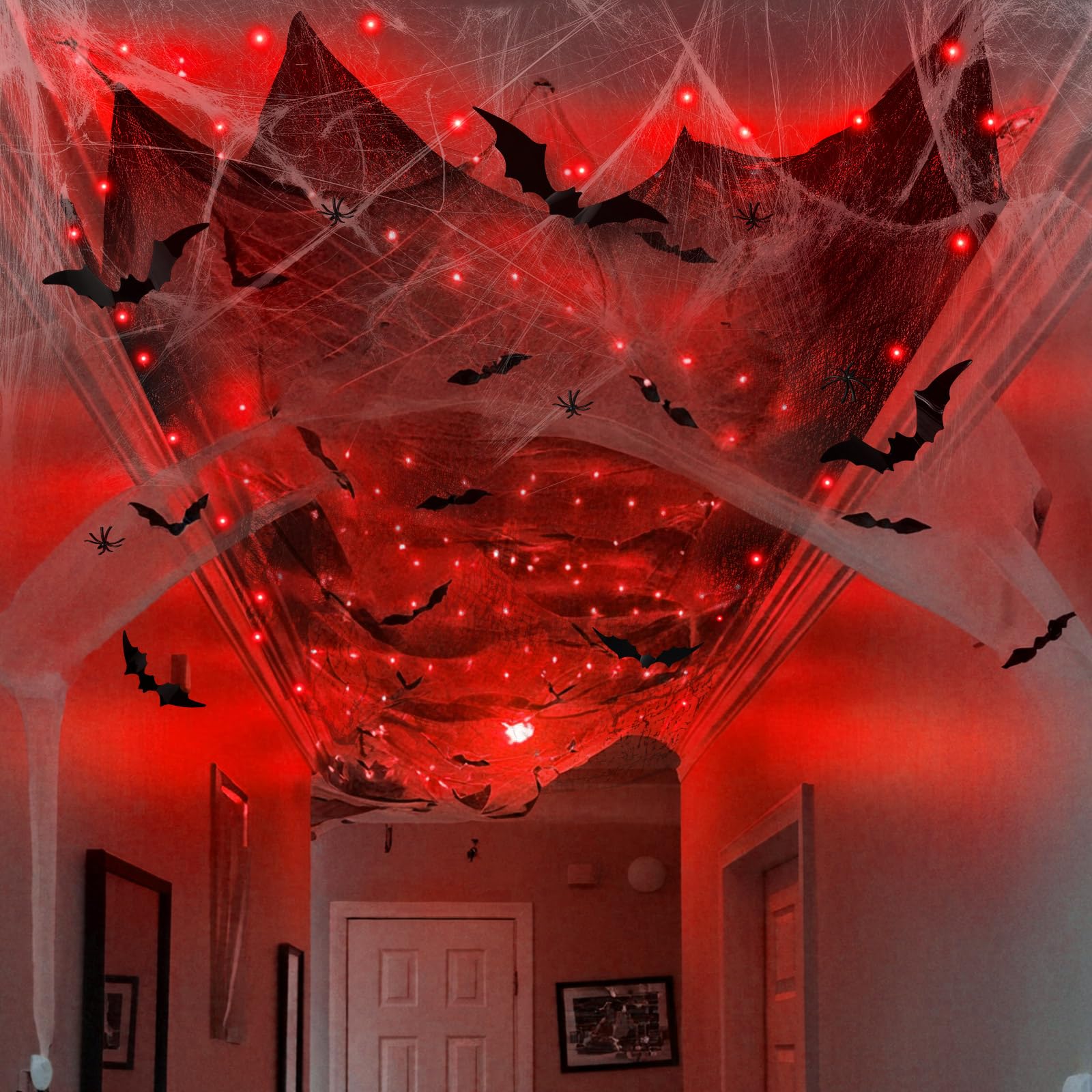 Photo 1 of Jetec Halloween Spider Web Decorations with 32FT String Lights, Halloween Black Creepy Cloth, 300 sqft Webs, 60 Fake Bats and 20 Spiders for Indoor Outdoor Yard Doorways Entryways Decor (Red Light)
