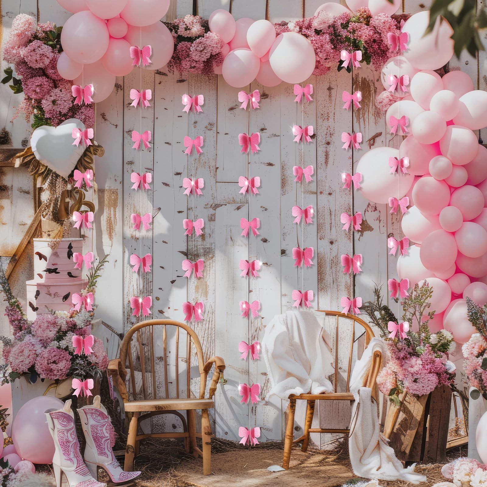 Photo 1 of Zonon 27ft Pink Glitter Bow Garlands 3D Bow Hanging Banners Coquette Streamers Party Photo Backdrop for Coquette Birthday Decorations Baby Shower Bridal Wedding Party Decor