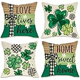 Fahrendom St Patricks Day Decorative Throw Pillow Covers 18 x 18 Set of 4, Lucky Shamrock Clover Love Lives Here Home Sweet Home Pillowcase, Farmhouse Plaid Irish Spring Sofa Couch Cushion Case Decor