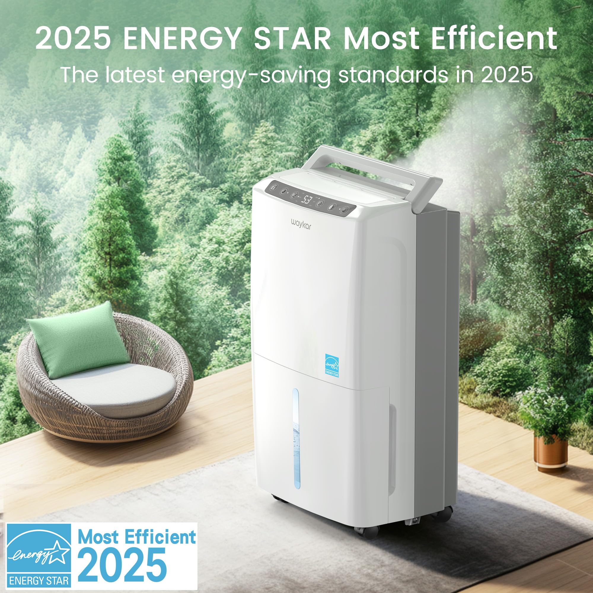 Waykar 2000 Sq. Ft Most Efficient Energy Star 2025 Dehumidifier for Home and Basement with Auto or Manual Drainage, Quiet 33dB Operation, 0.6 Gallon Water Tank Capacity