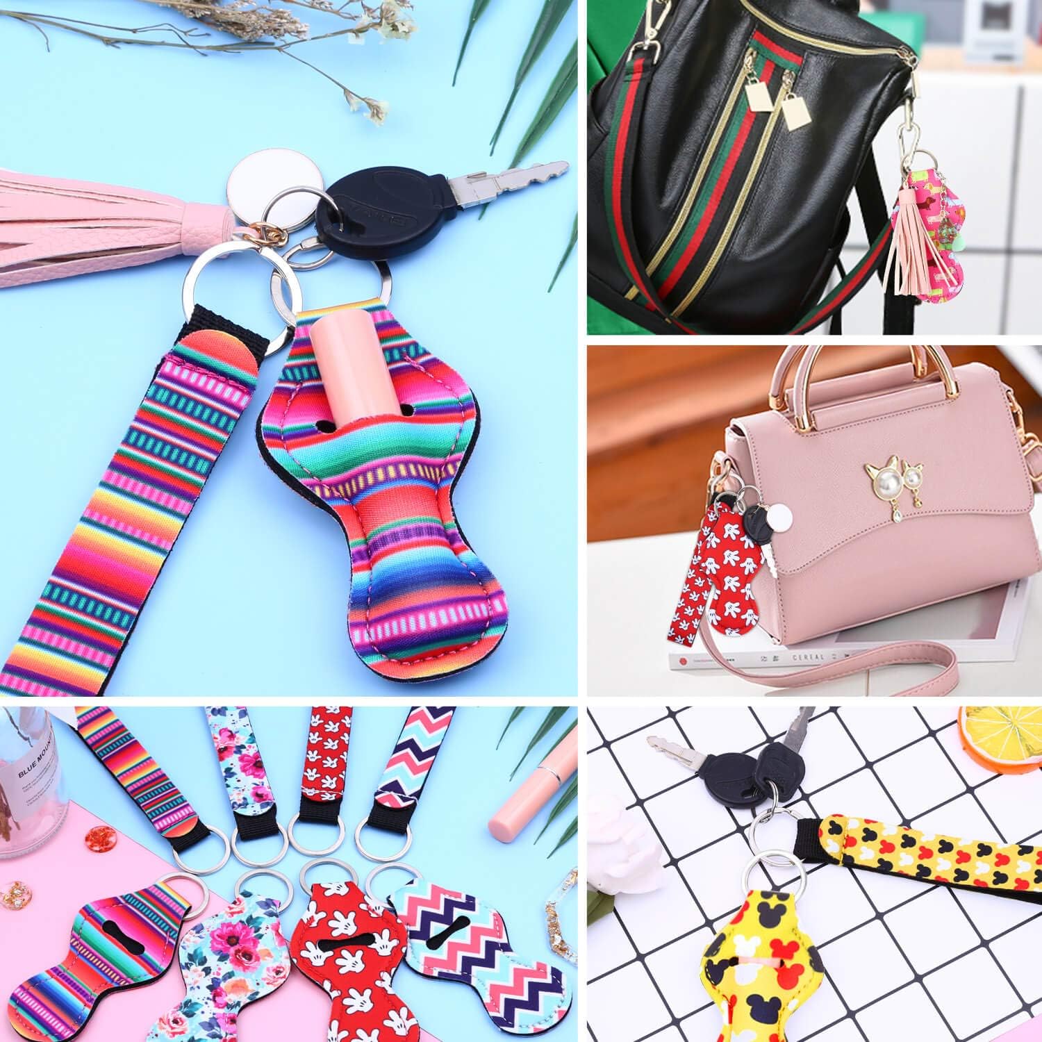Shynek 24PCs Chapstick Holder Keychain with Wristlet Including 12PCs Lipstick Holder Keychain and 12PCs Neoprene Wristlet Keychain Lanyards, Portable Balm Holders Pouch for Girls Women