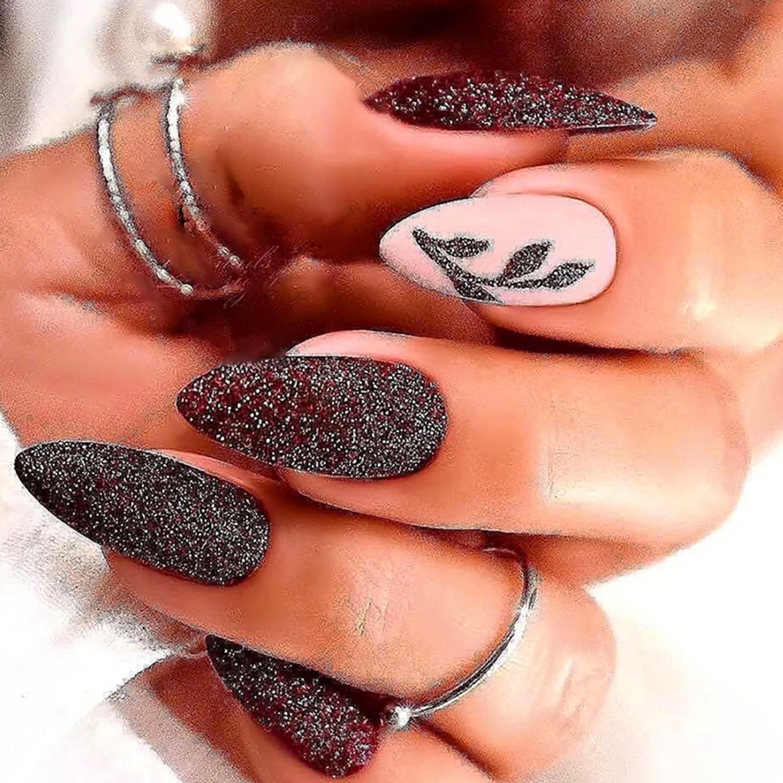 24Pcs Almond False Nails Medium, Matte Red Press on Nails Acrylic Full Cover Stick on Nails with Leaves Designs, Stiletto Glossy French Tips Autumn Fake Nail for Women Girls