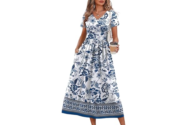 OFEEFAN Summer Dresses for Women Flowy Casual A-Line Midi Dress Beach Vacation Sundresses with Pockets S-2XL