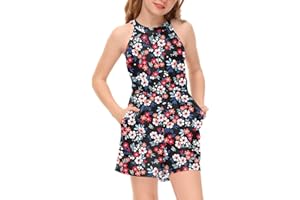 BesserBay Girls Summer Floral Halter Neck Sleeveless Jumpsuit with Side Pockets 5-14 Years