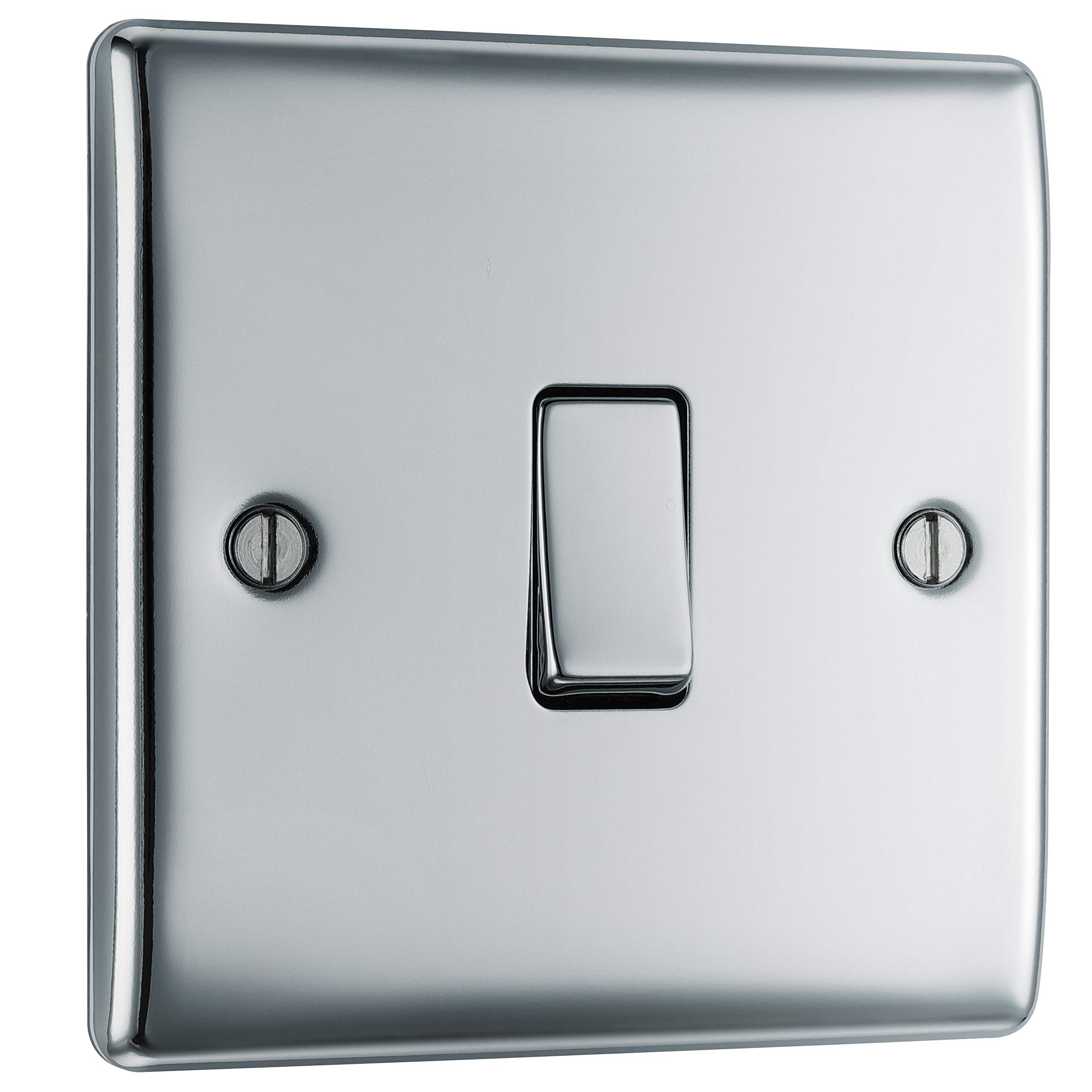BG Electrical Single Intermediate Wall Light Switch, Raised and Slim Profile, Round Edges, Nexus Metal, Polished Chrome, 20A, 16AX, NPC13